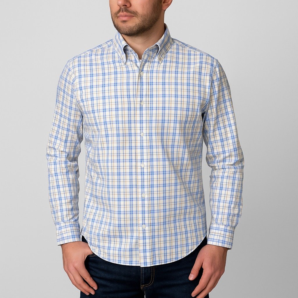 L.L.Bean M Wrinkle Free Plaid Shirt Blue Yellow Long Sleeve Button Front Cotton